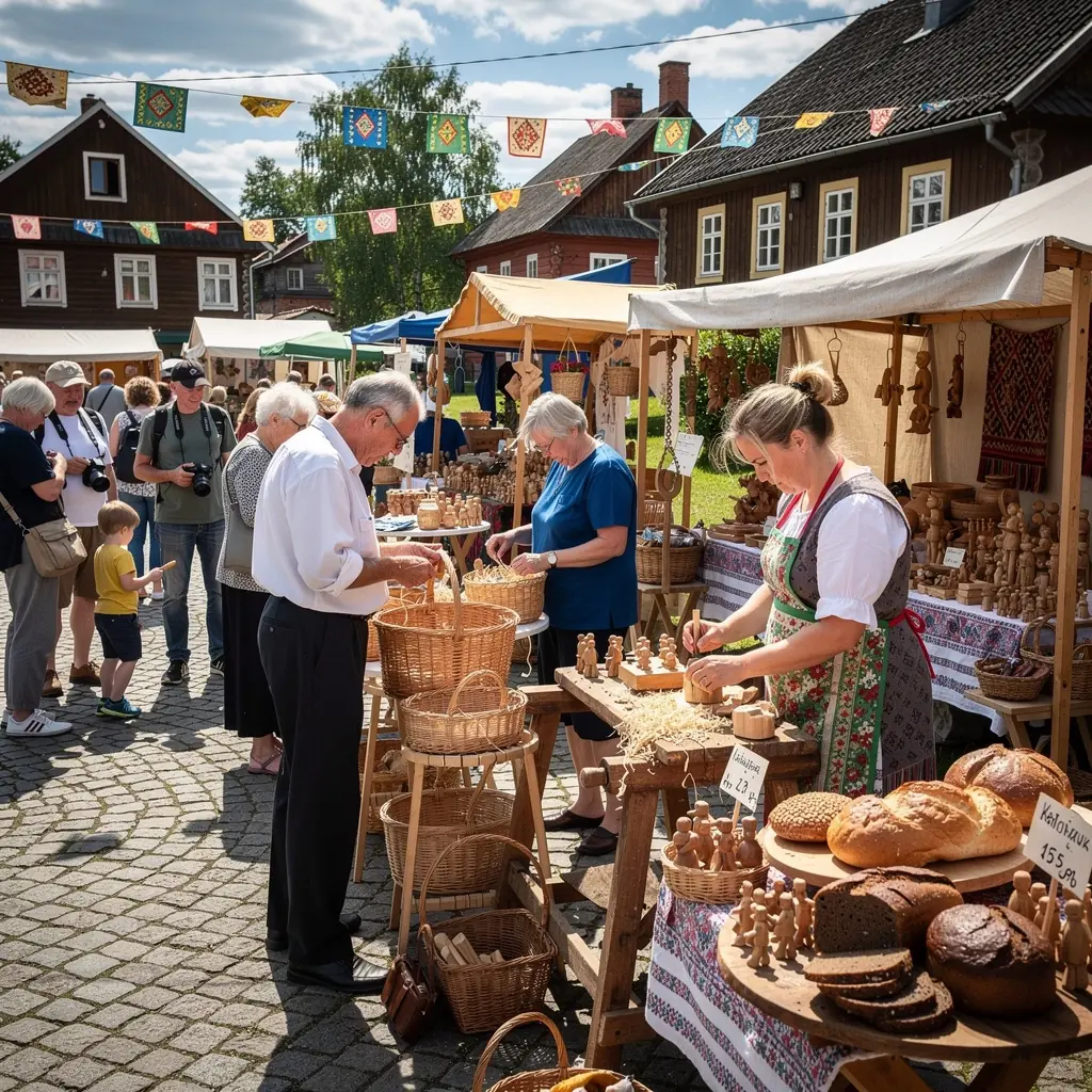 Mierīga lauku ainava ar zaļām pļavām un tradicionālu saimniecību.